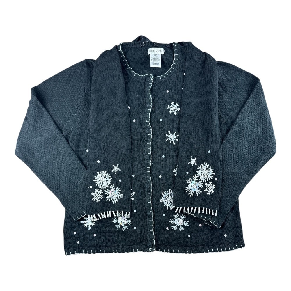 White Stag Vintage Snowflake Beaded Cardigan Sweater Black XL Scarf Christmas
